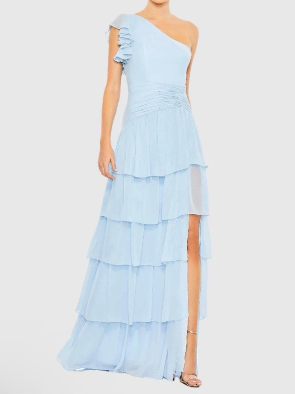 Ieena for MAC Duggal One-Shoulder Tiered Light Blue Maxi Dress Size 6 New